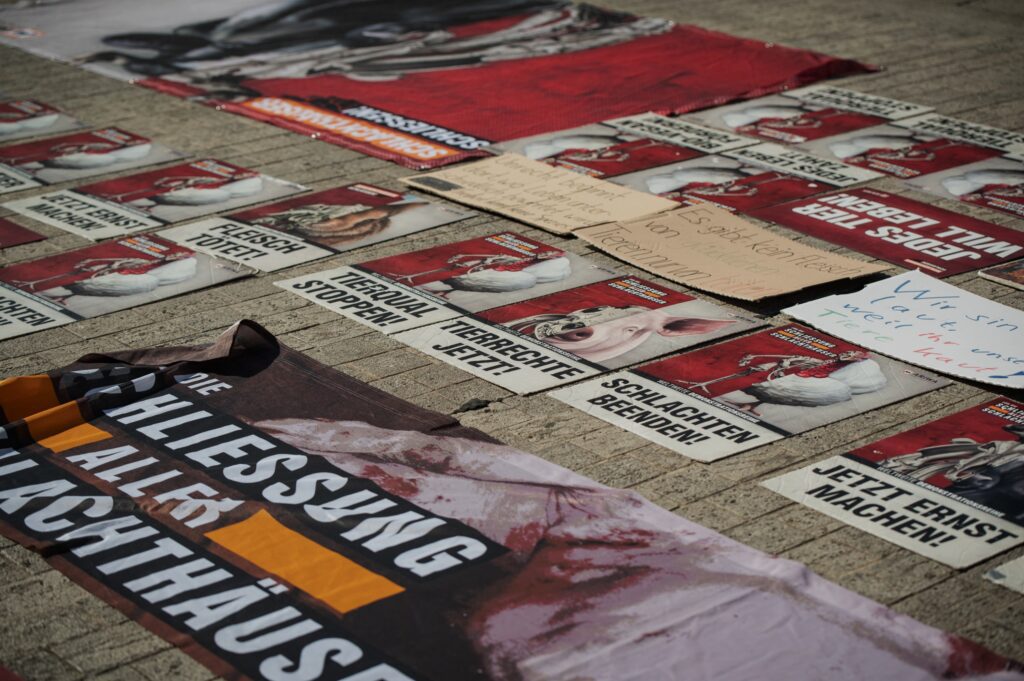Verschiedene auf dem Boden ausgelegte Protestplakate und Banner für Tierrechte und gegen Schlachthäuser