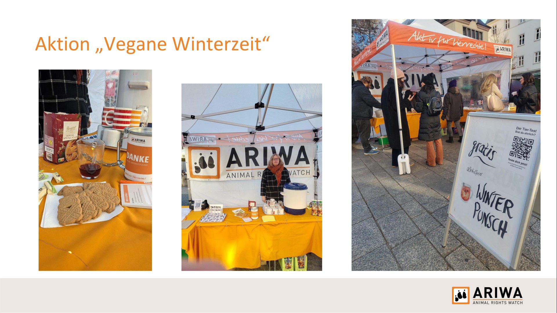 Präsentationsfolie „Aktion ‚Vegane Winterzeit'": Links Tisch mit Spekulatius, Glühwein und Spendenbox. Mitte Aktivistin am ARIWA-Stand mit gelbem Tuch. Rechts belebter Stand mit Schild „Gratis alkoholfrei Winterpunsch" und QR-Code zum „Tier-Test".