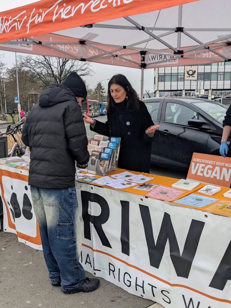 Eine Frau berät eine Person an einem ARIWA-Infostand mit Flyern zu Tierrechten und Veganismus