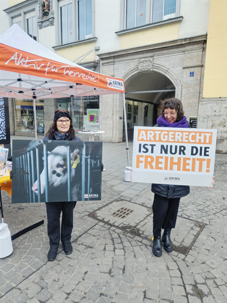Zwei ARIWA-Aktivistinnen vor dem Infostand-Pavillon auf einem Stadtplatz. Links hält eine Frau ein großformatiges Schwarz-Weiß-Foto einer Kuh hinter Gitterstäben. Rechts hält eine Frau mit lila Schal ein Schild mit dem Text „Artgerecht ist nur die Freiheit!" Im Hintergrund historische Gebäude und das ARIWA-Pavillon-Zelt.