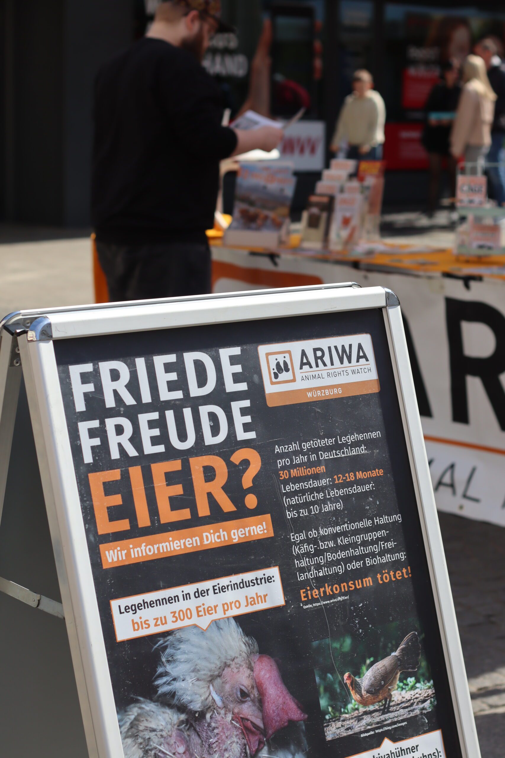 Nahaufnahme des ARIWA-Aufstellers „Friede Freude Eier? – Wir informieren Dich gerne!" mit Fakten zur Eierindustrie: 30 Millionen getötete Legehennen pro Jahr, Lebensdauer 12–18 Monate, Satz „Eierkonsum tötet!" Im Hintergrund unscharf der Infostand mit Aktivist und Passant:innen.