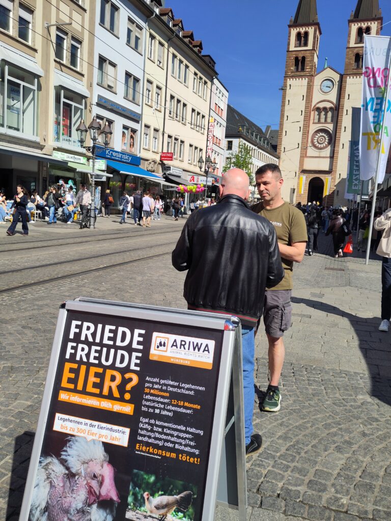 ARIWA-Aktivist im Gespräch mit einem Passanten am Würzburger Sternplatz. Im Vordergrund der Aufsteller „Friede Freude Eier?". Im Hintergrund der Kiliansdom bei Sonnenschein.