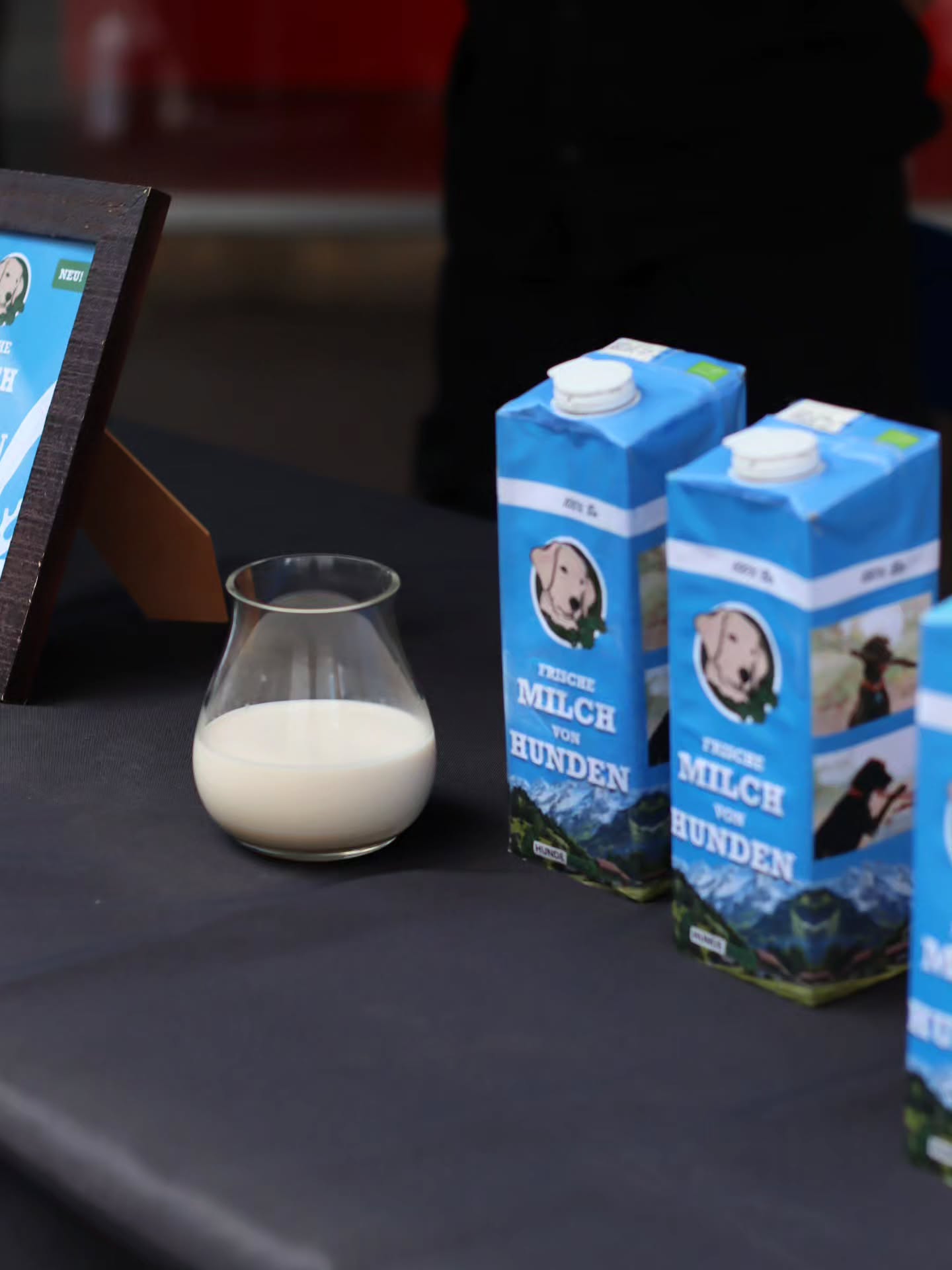 Nundemilch-Aktion in Würzburg. Auf einem dunklen Tisch stehen mehrere blaue Getränkekartons mit der Aufschrift „Frische Milch von Hunden" und einem Hundekopf-Logo im Alpendesign. Davor eine kleine Glaskaraffe, halb gefüllt mit einer milchigen Flüssigkeit. Links am Rand ein gerahmtes Schild.
