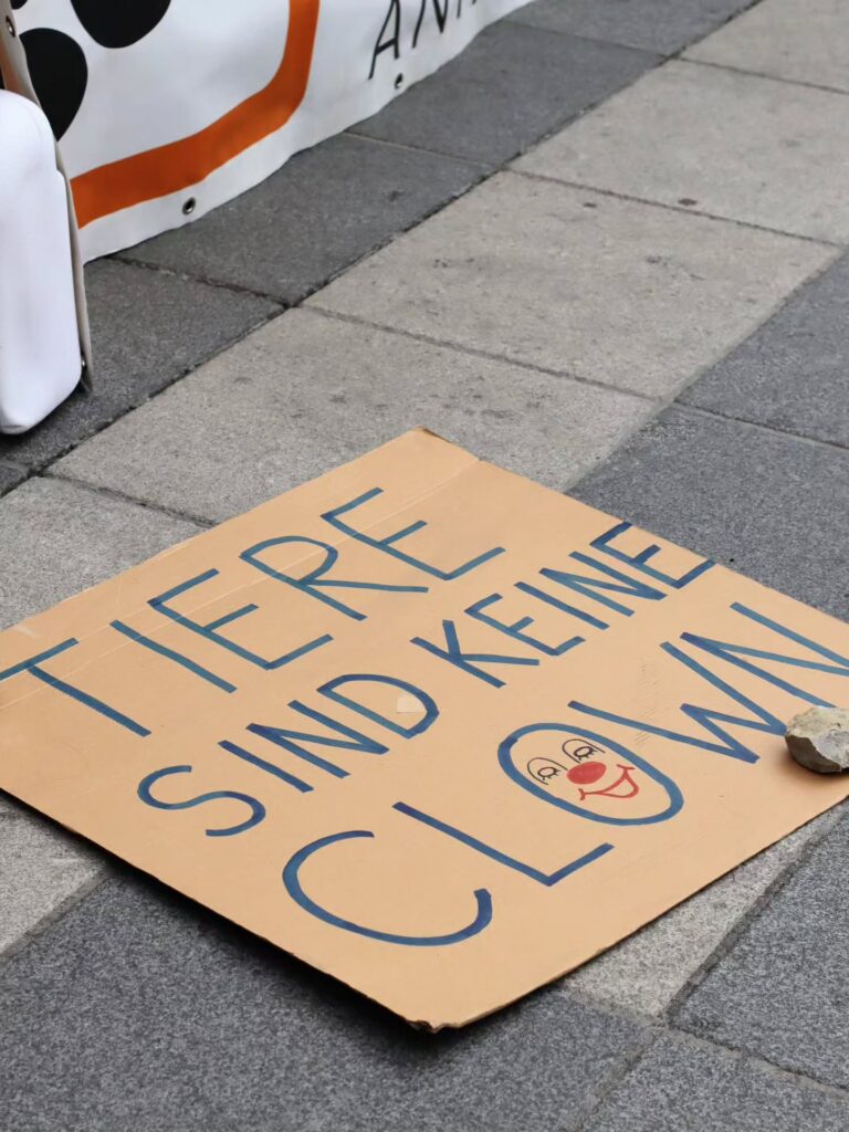 Ein handbemaltes Pappschild liegt auf dem Gehweg: „Tiere sind keine Clowns", mit gezeichnetem lächelndem Clowngesicht anstelle des O in „Clown". Im Hintergrund ein Teil eines gepunkteten Transparents und ein weißer Klappstuhl.