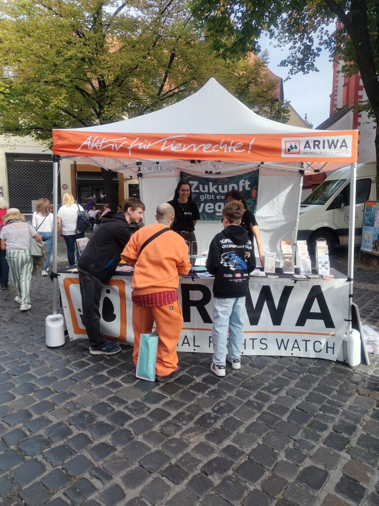 ARIWA-Infostand unter Bäumen, mehrere Personen – darunter zwei Jugendliche und eine Person in orangefarbener Kleidung – stehen am Tisch im Gespräch mit zwei Aktivistinnen. Im Hintergrund ein Lieferwagen und Altstadthäuser, auf dem Pavillon das Banner „Zukunft gibt es nur vegan".